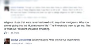 Gladys Gryskiewicz anti Muslim facebook post