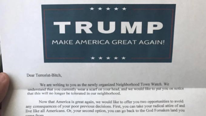 There's no evidence that a threatening letter from a new "neighborhood town watch" was circulated to Muslims across the United States. Claim: A photograph shows a threatening letter from a "neighborhood town watch" that was widely circulated to Muslims in the United States.
