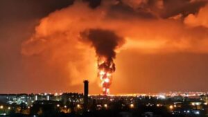 Huge explosion & towering inferno 200ft high erupts from Russian oil depot after massive Ukrainian missile strike